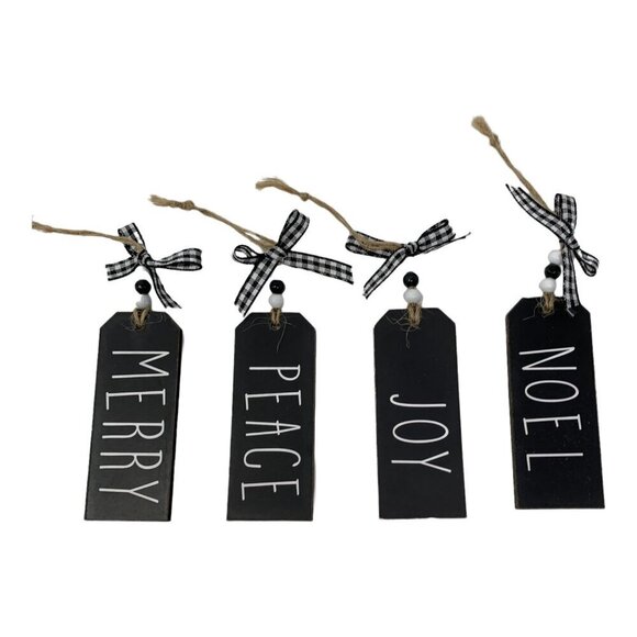 Christmas Mini Farmhouse Tag Ornament Set Of 4 Peace Joy Noel Checkered Ribbon - Picture 6 of 7